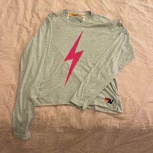 Aviator Nation Heather Gray Tee with Vibrant Pink Bolt